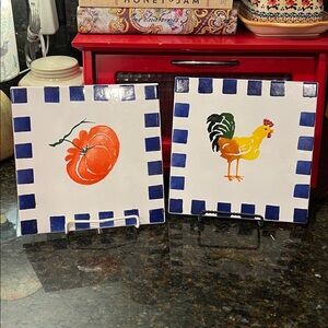 Set of 2 Italian Tiles / Trivets - Rooster and Tomato